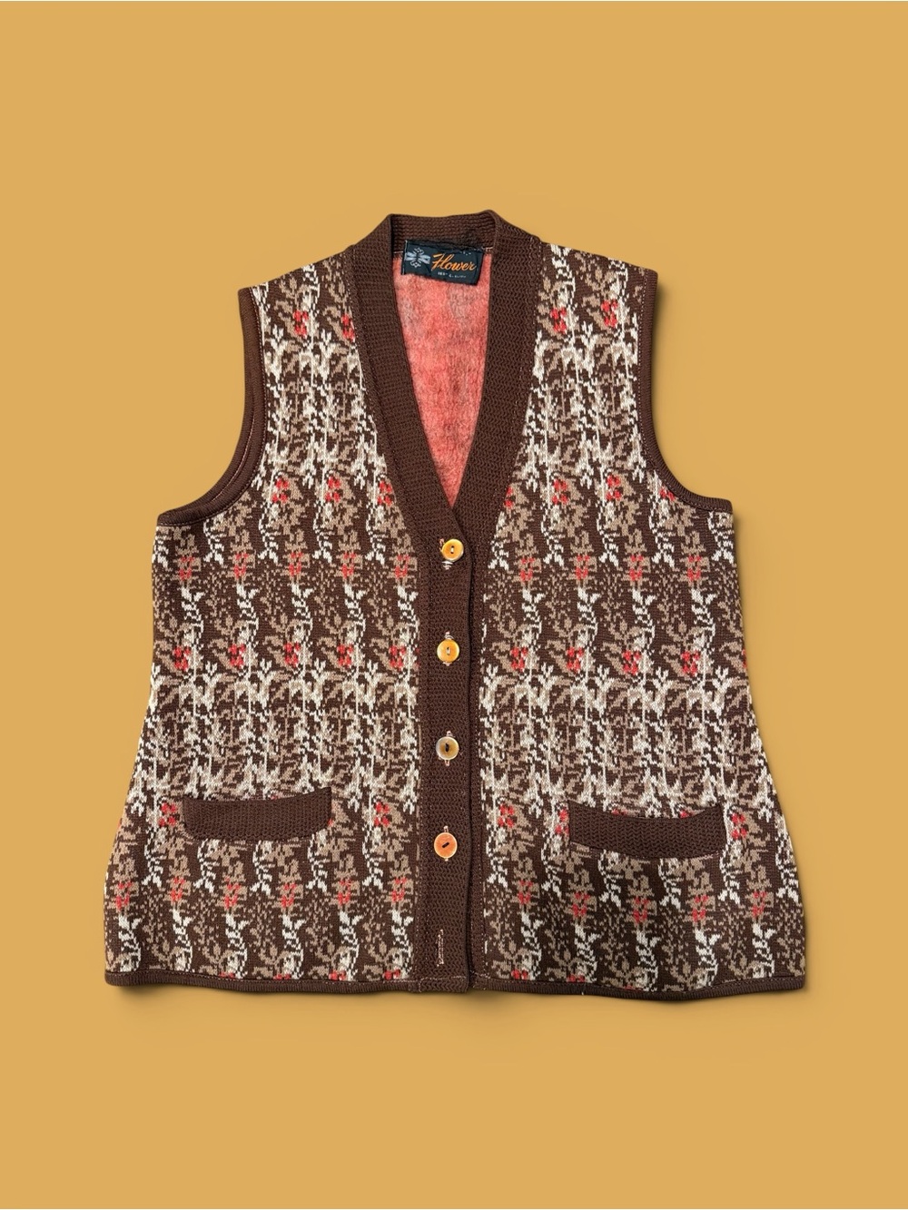 Vintage Knit Floral Button Vest in Brown and Cream with Red Accents